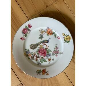 Vintage White multi Floral Peacock Plate round gold trim 7" Stamped